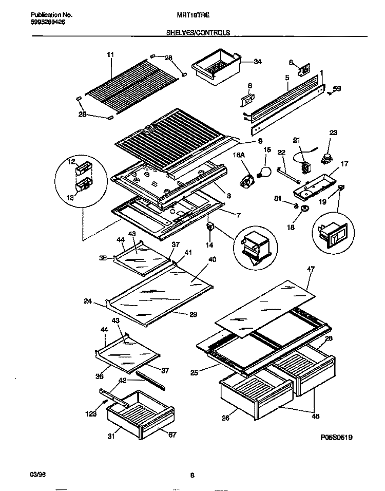 SHELVES / CONTROLS Diagram and Parts List for MRT18TRED0  Frigidaire Refrigerator