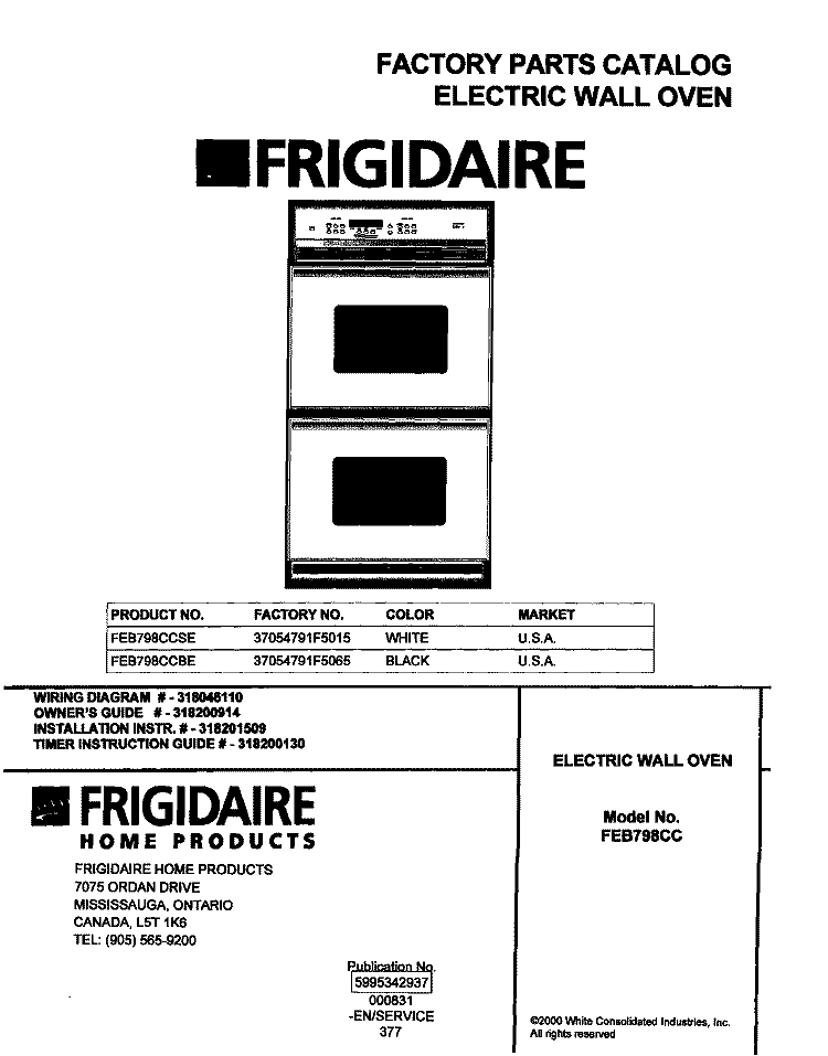 COVER Diagram and Parts List for FEB798CCSE  Frigidaire Wall Oven