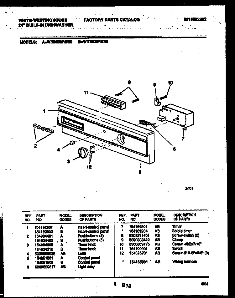 CONSOLE AND CONTROL PARTS Diagram and Parts List for WDB632RBR0  Frigidaire Dishwasher