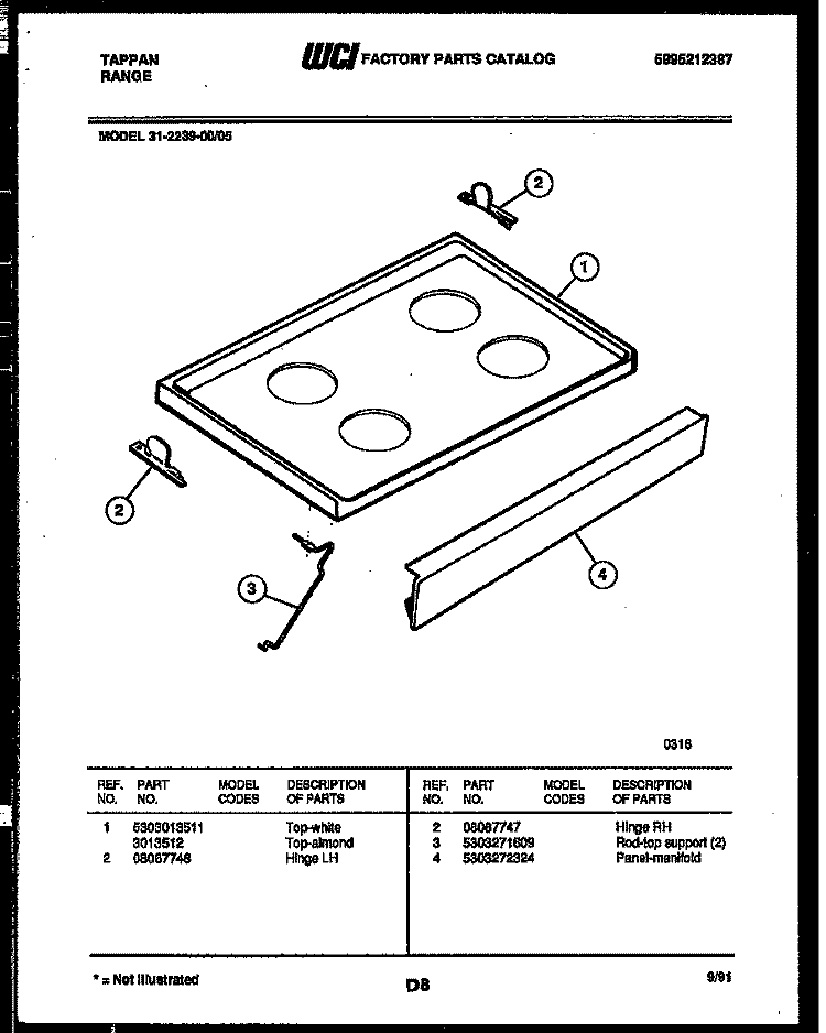 COOKTOP PARTS Diagram and Parts List for 31-2239-00-05  Tappan Range