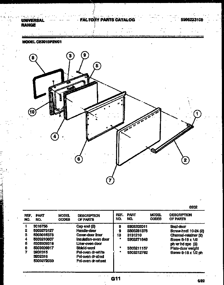 DOOR PARTS Diagram and Parts List for CE301SP2D1  Frigidaire Range
