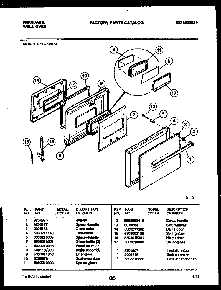 DOOR PARTS Diagram and Parts List for REG75WL4  Frigidaire Wall Oven