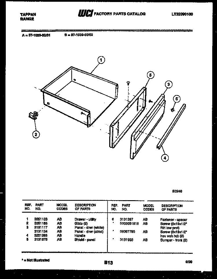 DRAWER PARTS Diagram and Parts List for 37-1039-00-01  Tappan Range