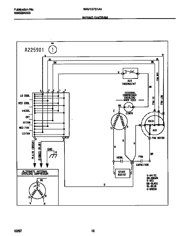 WIRING DIAGRAM Diagram and Parts List for WAV157S1A4  Frigidaire Air Conditioner