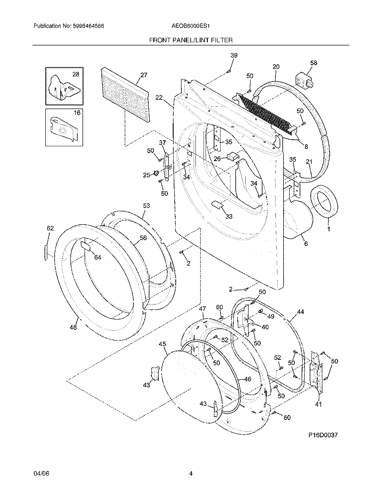 FRONT PANEL / LINT FILTER Diagram and Parts List for AEQB6000ES1  Frigidaire Dryer