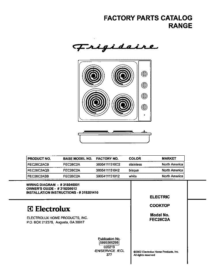 COVER Diagram and Parts List for FEC26C2ACB  Frigidaire Cooktop