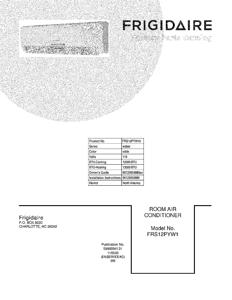 COVER Diagram and Parts List for FRS12PYW10  Frigidaire Air Conditioner
