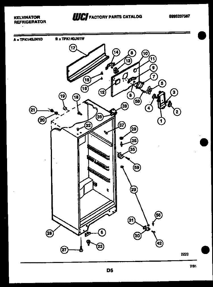 CABINET PARTS Diagram and Parts List for TPK140JN1W  Kelvinator Refrigerator