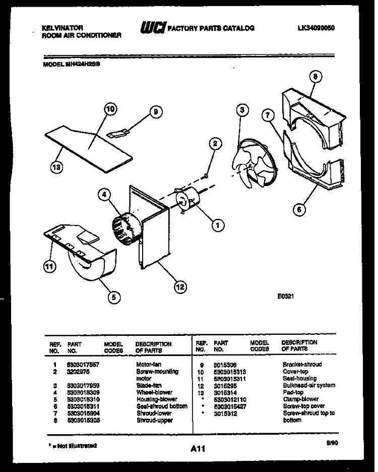 AIR HANDLING PARTS Diagram and Parts List for MH424H2SB  Kelvinator Air Conditioner