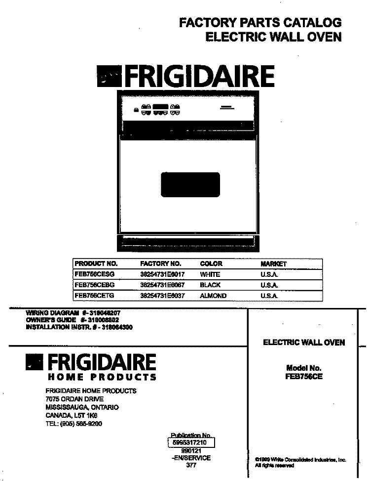 COVER Diagram and Parts List for FEB756CETG  Frigidaire Wall Oven