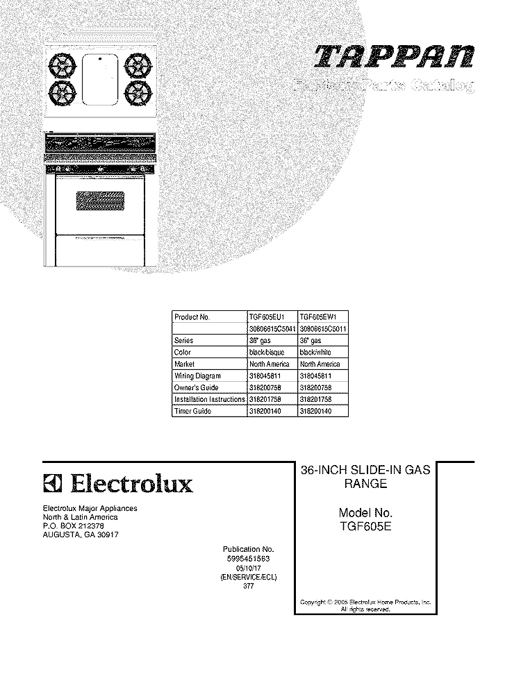 COVER Diagram and Parts List for TGF605EW1  Tappan Wall Oven