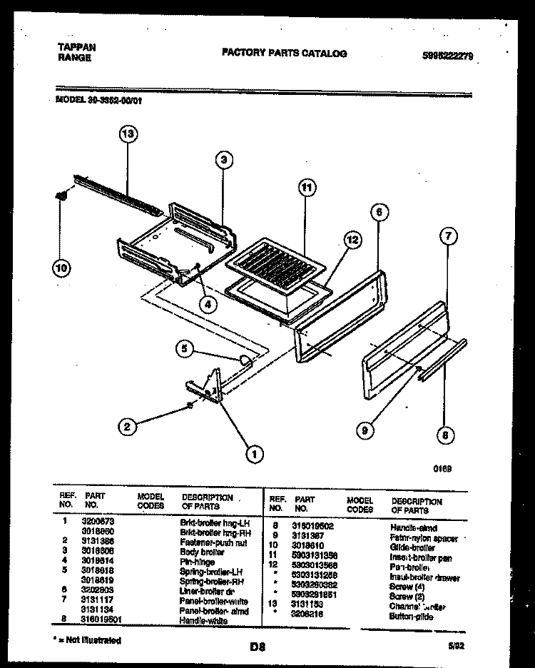 BROILER DRAWER PARTS Diagram and Parts List for 30-3352-00-01  Tappan Range