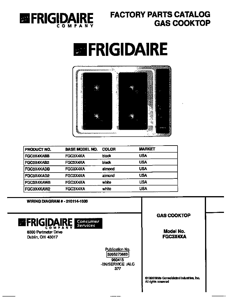 COVER Diagram and Parts List for FGC3X4XAB2  Frigidaire Cooktop