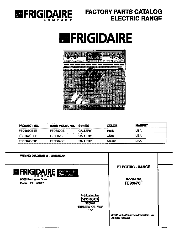 COVER Diagram and Parts List for FED367CETB  Frigidaire Range
