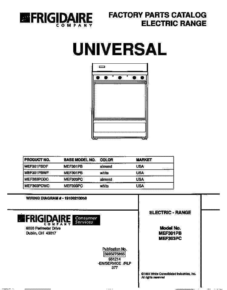 COVER Diagram and Parts List for MEF303PCWC  Frigidaire Range