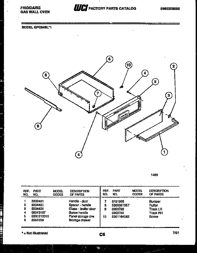 DRAWER PARTS Diagram and Parts List for GPG94BL1  Frigidaire Wall Oven