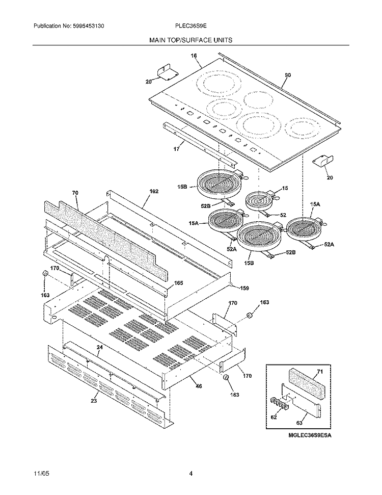 MAINTOP Diagram and Parts List for PLEC36S9ECB  Frigidaire Cooktop