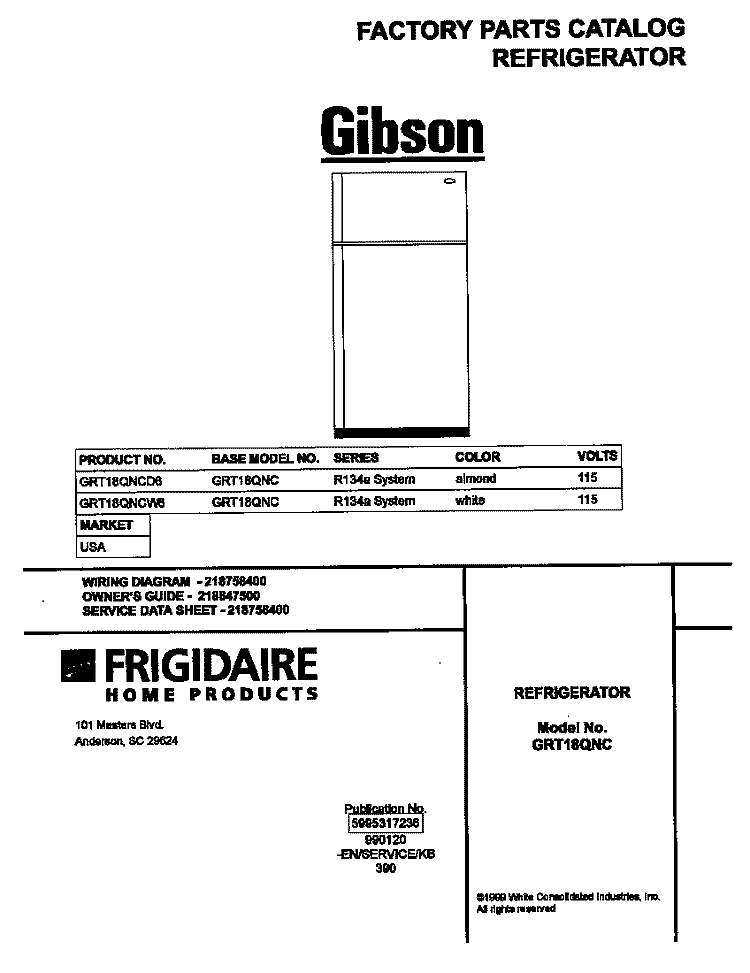 COVER Diagram and Parts List for GRT18QNCW6  Gibson Refrigerator