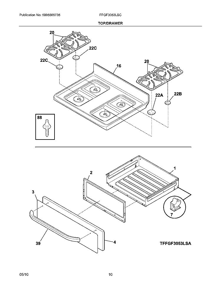TOP/DRAWER Diagram and Parts List for FFGF3053LSC  Frigidaire Range