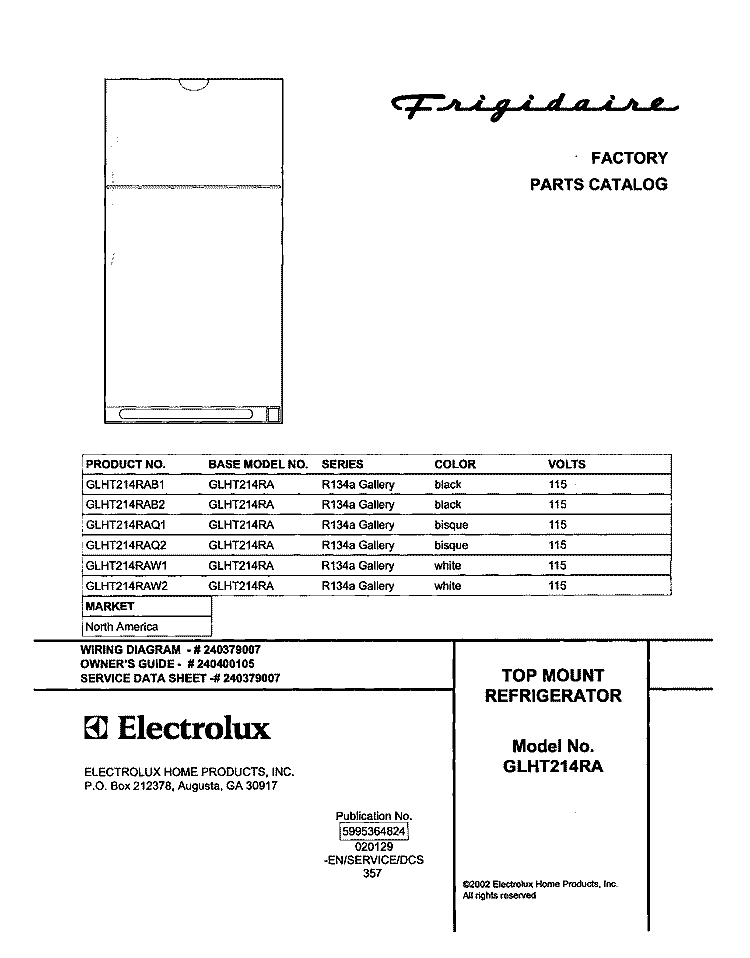 COVER Diagram and Parts List for GLHT214RAQ2  Frigidaire Refrigerator