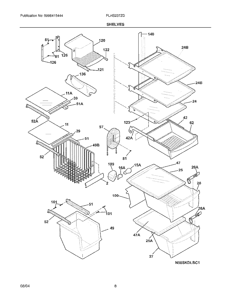 SHELVES Diagram and Parts List for PLHS237ZDB3  Frigidaire Refrigerator