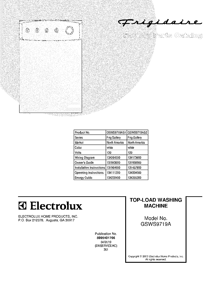 COVER Diagram and Parts List for GSWS9719AS2  Frigidaire Washer