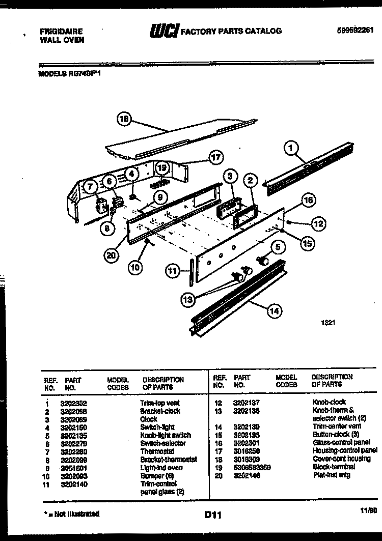 CONTROL PANEL Diagram and Parts List for RG74BFB1  Frigidaire Wall Oven