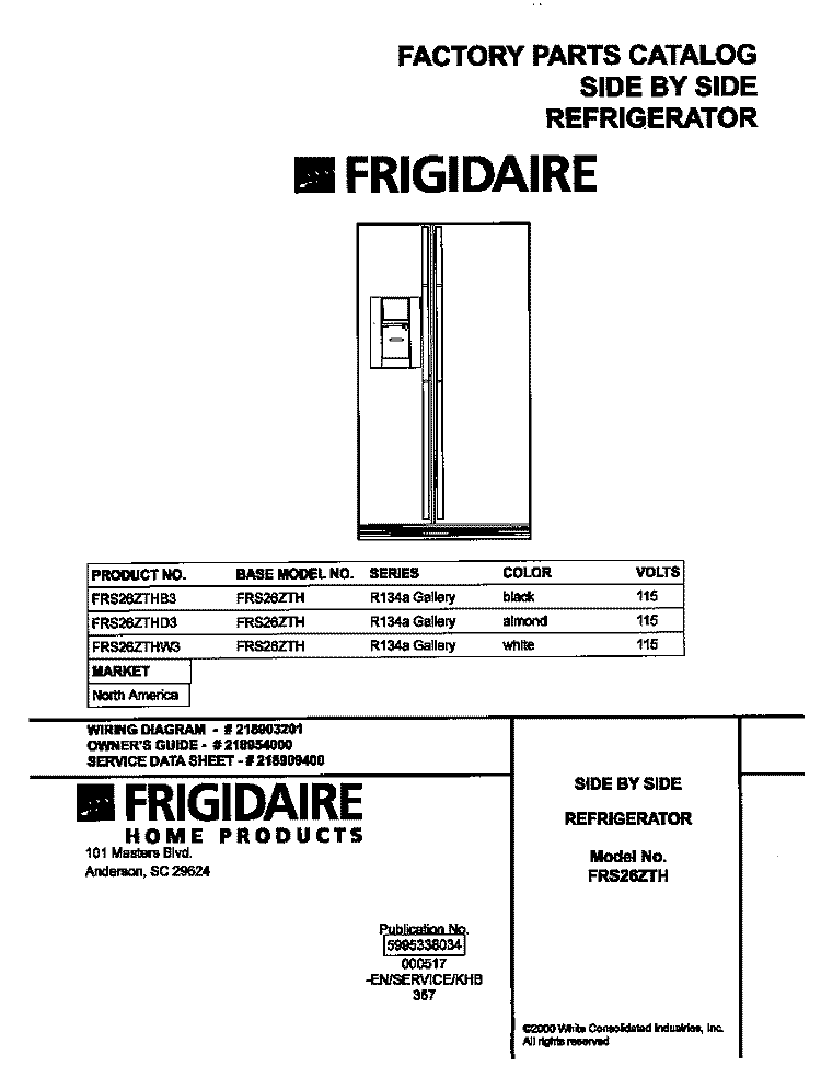 COVER Diagram and Parts List for FRS26ZTHW3  Frigidaire Refrigerator