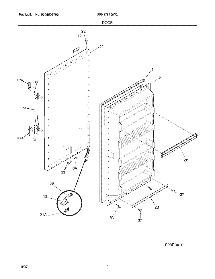 DOOR Diagram and Parts List for FFH1767GW2  Frigidaire Freezer