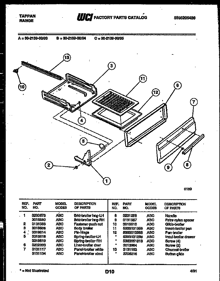 BROILER DRAWER PARTS Diagram and Parts List for 30-2139-23-05  Tappan Range