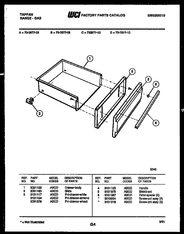 DRAWER PARTS Diagram and Parts List for 72-3977-00-09  Tappan Range