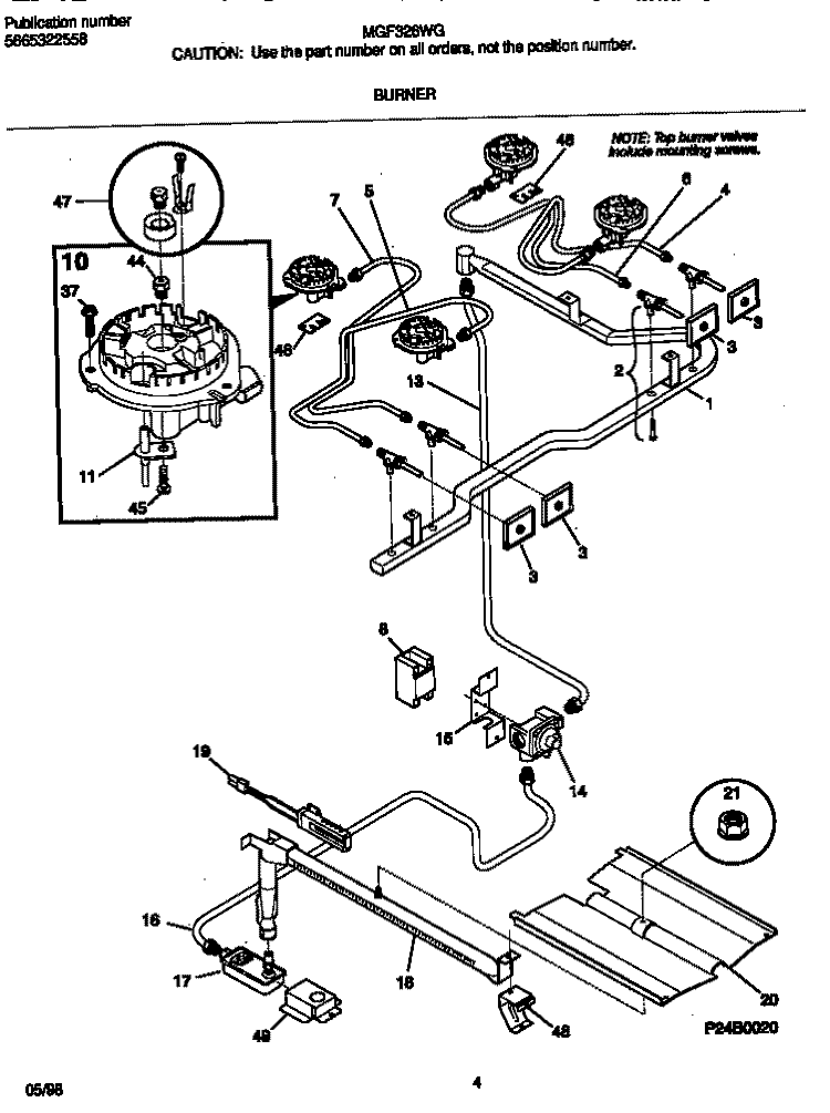 BURNER Diagram and Parts List for MGF326WGSB  Frigidaire Range