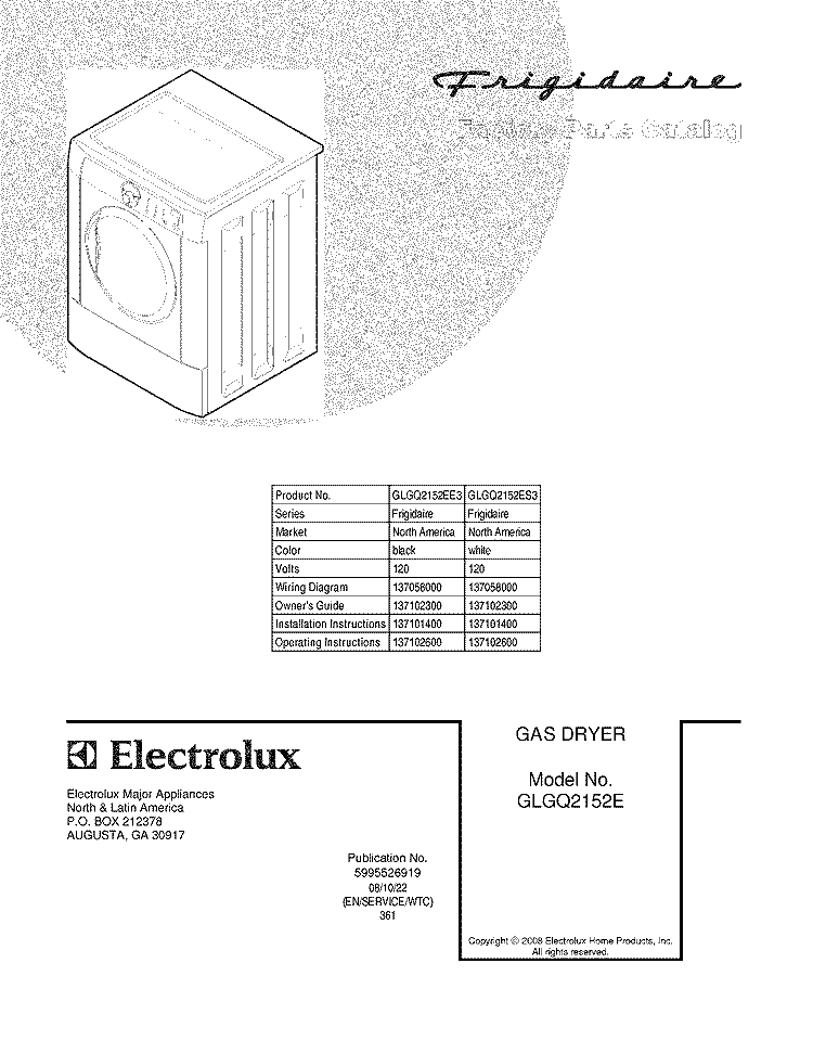 COVER Diagram and Parts List for GLGQ2152EE3  Frigidaire Dryer