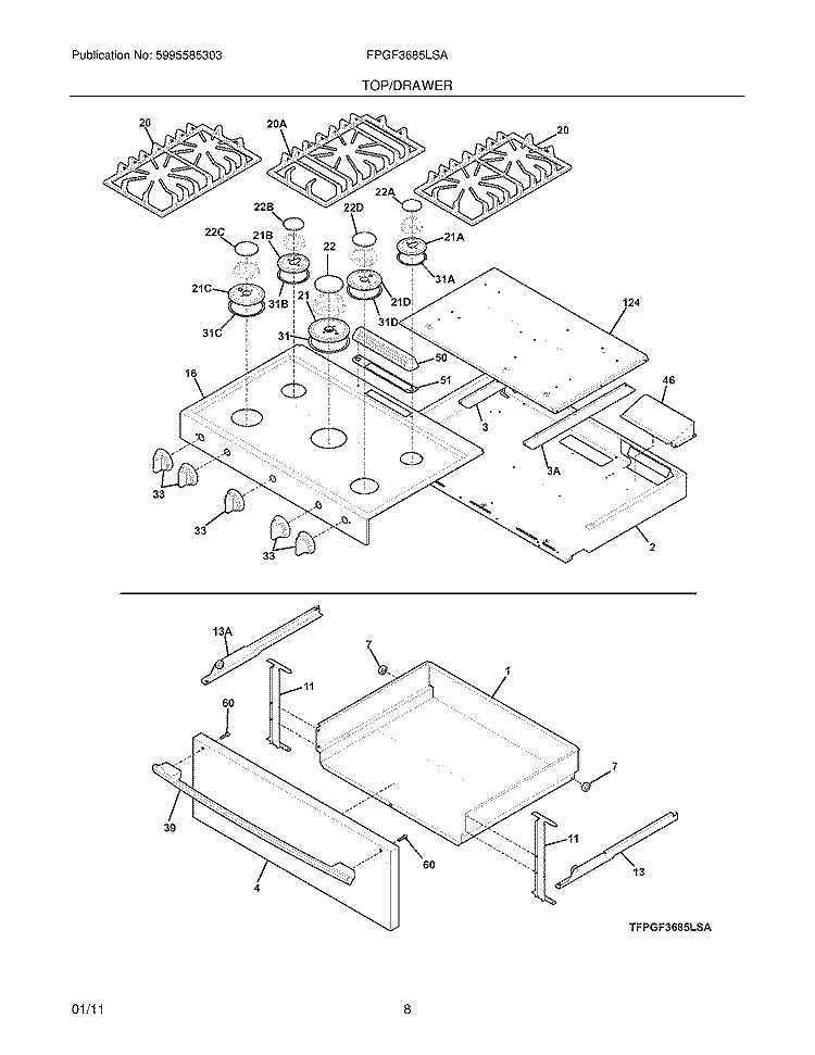 TOP/DRAWER Diagram and Parts List for FPGF3685LSA  Frigidaire Range
