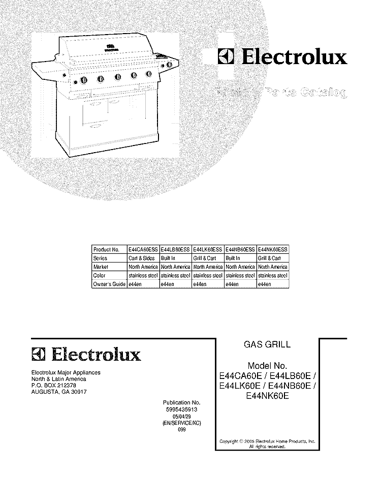 COVER Diagram and Parts List for E44NK60ESS  Electrolux Grill