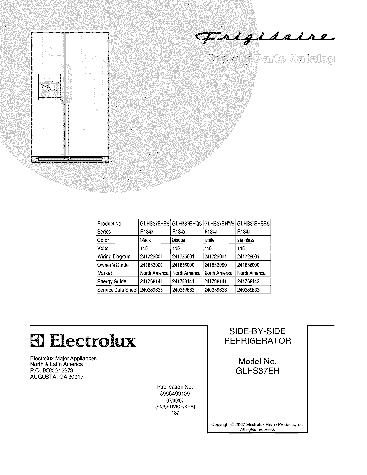 COVER Diagram and Parts List for GLHS37EHQ5  Frigidaire Refrigerator