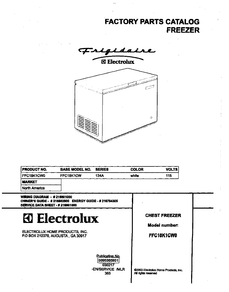 COVER Diagram and Parts List for FFC18K1CW0  Frigidaire Freezer