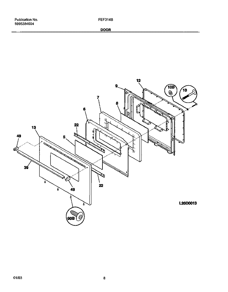 DOOR Diagram and Parts List for FEF314BWA  Frigidaire Range