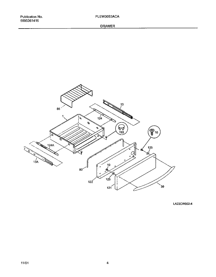 DRAWER Diagram and Parts List for PLEW30S3ACA  Frigidaire Warming Drawer