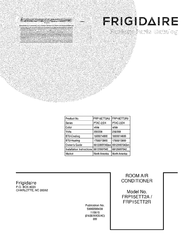 COVER Diagram and Parts List for FRP15ETT2A0  Frigidaire Air Conditioner
