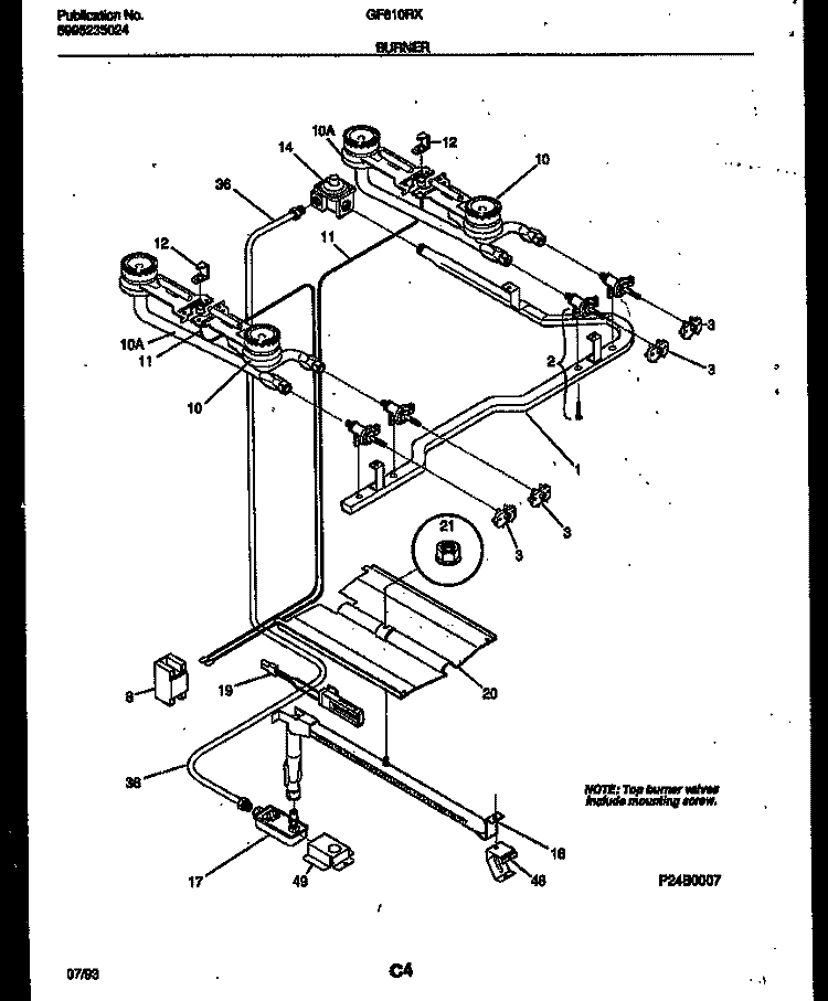 BURNER, MANIFOLD AND GAS CONTROL Diagram and Parts List for GF610RXW2  Frigidaire Range