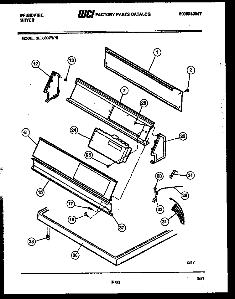 CONSOLE AND CONTROL PARTS Diagram and Parts List for DE8600PW0  Frigidaire Dryer