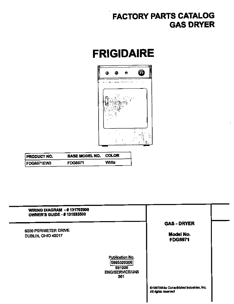 COVER Diagram and Parts List for FDG8971EW3  Frigidaire Dryer