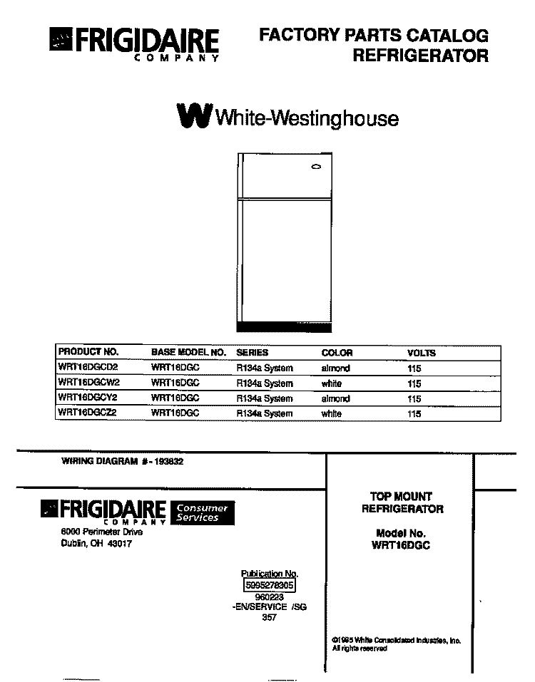 COVER Diagram and Parts List for WRT16DGCD2  Frigidaire Refrigerator