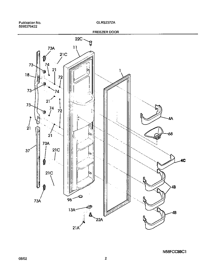 FREEZER DOOR Diagram and Parts List for GLRS237ZAW6  Frigidaire Refrigerator