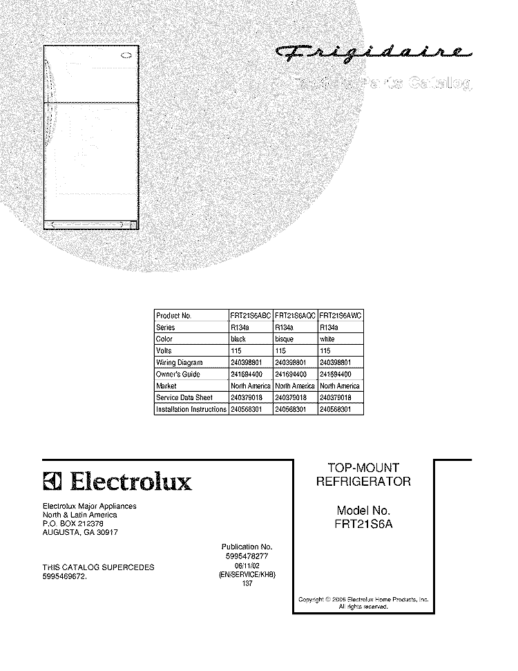 COVER Diagram and Parts List for FRT21S6AQC  Frigidaire Refrigerator