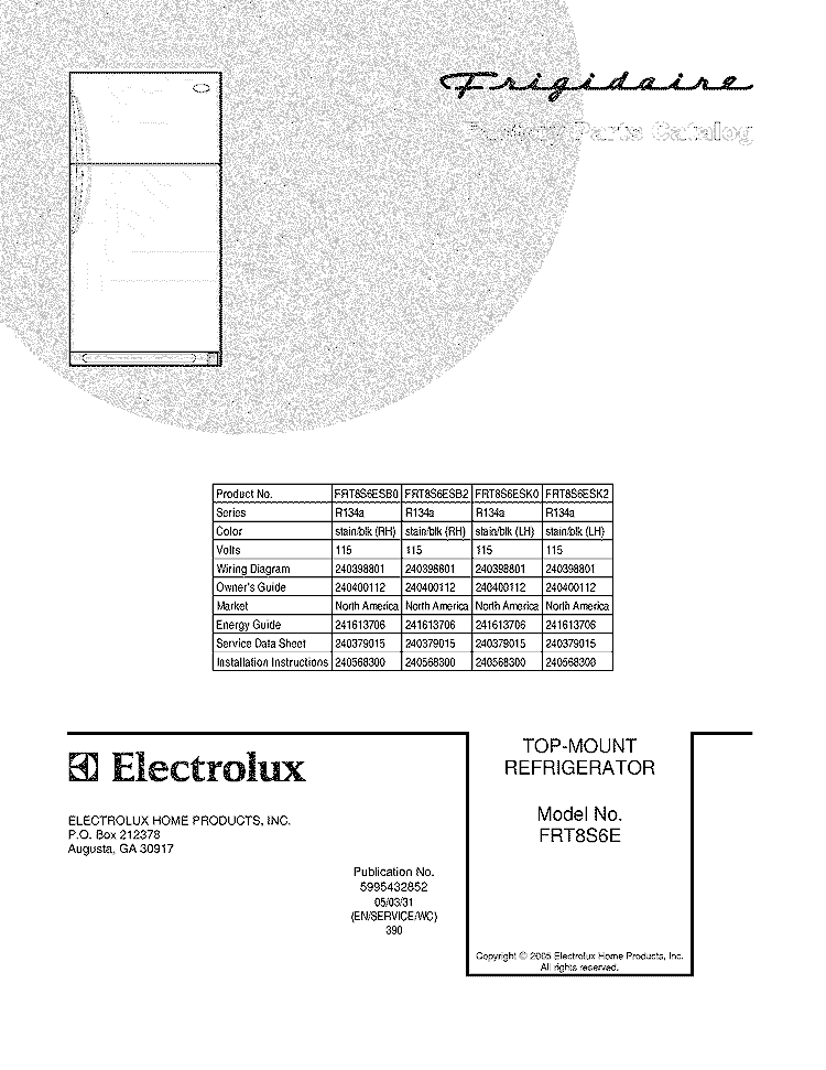 COVER Diagram and Parts List for FRT8S6ESK2  Frigidaire Refrigerator