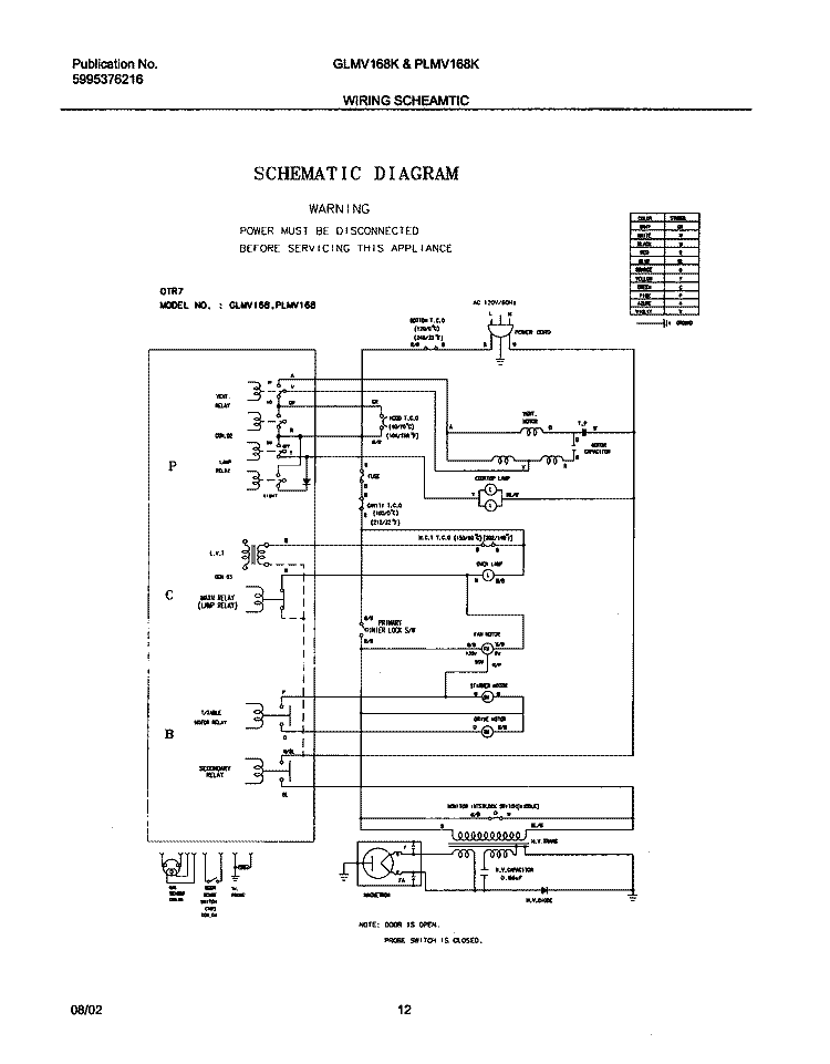 WIRING SCHEMATIC Diagram and Parts List for GLMV168KS2  Frigidaire Microwave