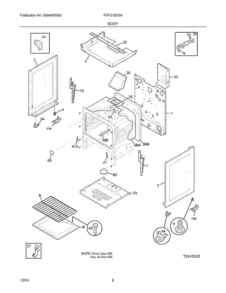 BODY Diagram and Parts List for FGF312DSA  Frigidaire Range