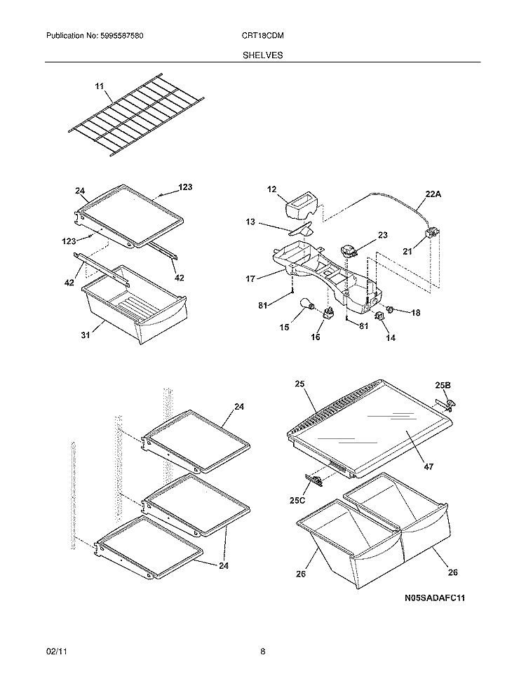 SHELVES Diagram and Parts List for CRT18CDMW1  Crosley Refrigerator